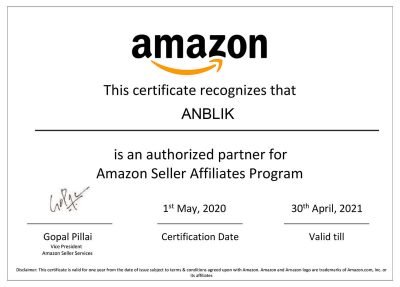Amazon Partner Certificate for Anblik
